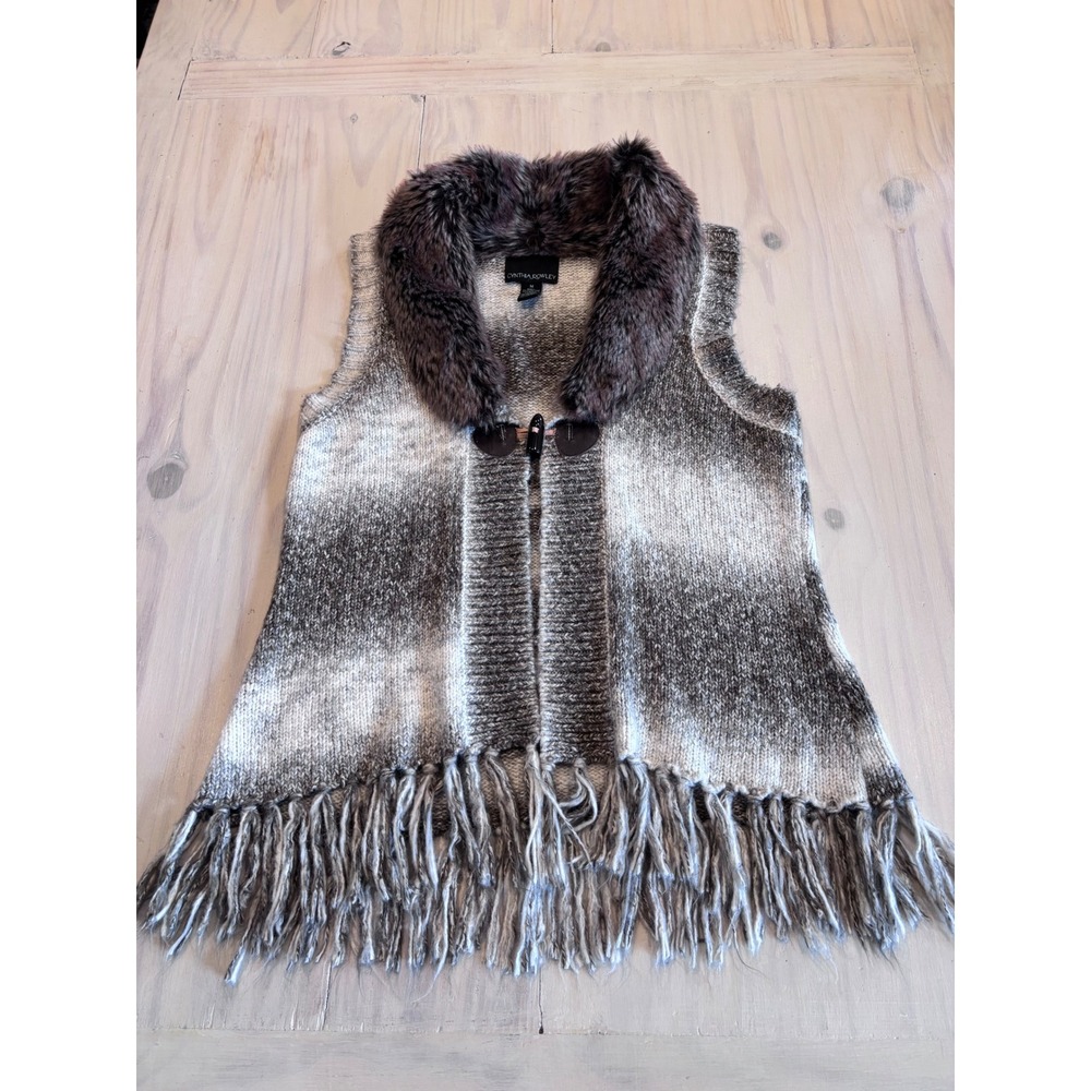 Cynthia Rowley Womens Gray Ombre Knit Sweater Vest Faux Fur Collar Fringe Medium